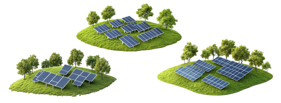 Sustainable energy sources are essential for greener future, featuring solar panels on grassy hills surrounded by trees