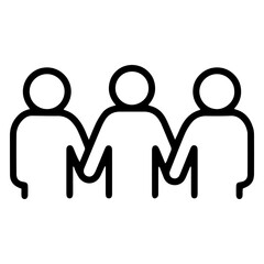 An (outline style) illustration of three stylized human figures standing side-by-side and holding hands, symbolizing unity, teamwork, solidarity, and community. Conveys a sense of collective effort