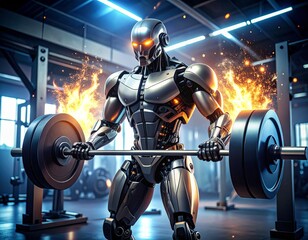 Naklejka premium A highly detailed robot weightlifter demonstrating strength and precision in a futuristic gym setting, symbolizing AI performance in physical sports.