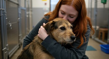 Young woman hugging a rescue dog in an animal shelter &mdash; emotional bond, adoption success story, soft natural lighting