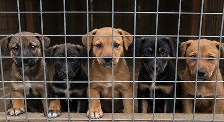 Group of puppies behind a fence at an adoption center looking curiously at the camera — hopeful expressions, strong emotional appeal