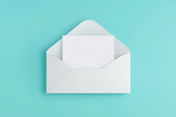 Elegant white envelope with a blank card on a serene turquoise backdrop