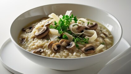 Creamy Mushroom Risotto Served in a White Bowl Garnish With Cheese and Herbs