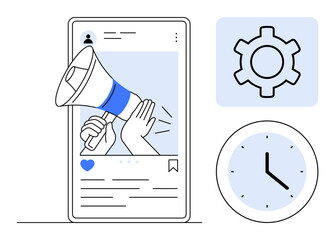Social media post frame with a hand holding a megaphone, gear symbol for settings, and clock for time. Ideal for marketing, promotion, strategy, planning, brand awareness, advertising simple landing