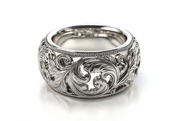 Close up of an ornate silver ring with floral designs on a white background for jewelry advertising