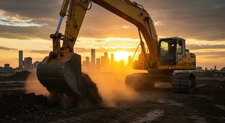 Large yellow excavator digging into the ground on a construction site during sunset &mdash; dramatic lighting, dust in the air, and city skyline in the background