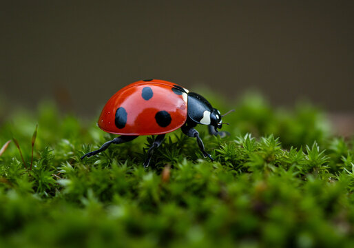 Close-up of a colorful ladybug on moss, revealing intricate textures and vibrant contrasts in a natural habitat. - Powered by Adobe