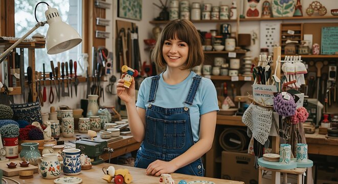 Happy young entrepreneur standing in a workshop full of handmade crafts and tools, smiling directly at the camera — authentic and industrious feel