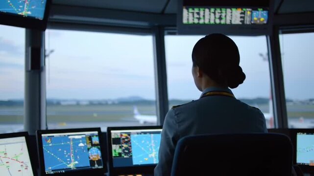 Female Air Traffic Controller Overseeing Airplane Departure Through Multiple Screens in Control Tower Wearing Formal Light Blue Uniform