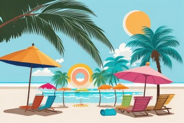 Fototapeta premium Summer Vacation Beach Illustration — Flat Vector with Palm Trees, Coconut Drink, and Sunset