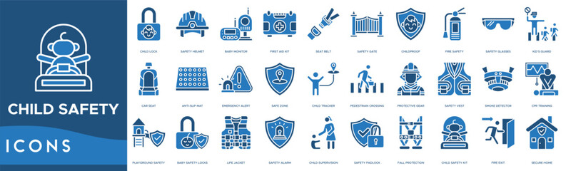 Child Safety icon. Child Lock, Safety Helmet, Baby Monitor, First Aid Kit, Seat Belt, Safety Gate and Childproof