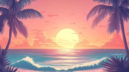 Serene Tropical Beach Sunset with Palm Trees and Gentle Waves Graphic Art