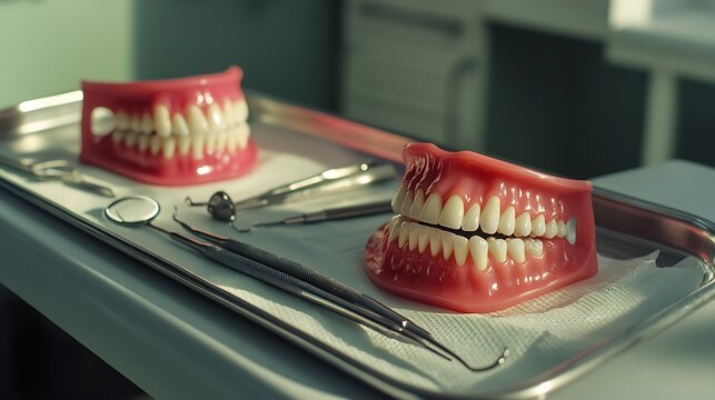 Set of gleaming dental instruments laid out a sterile tray ready for use