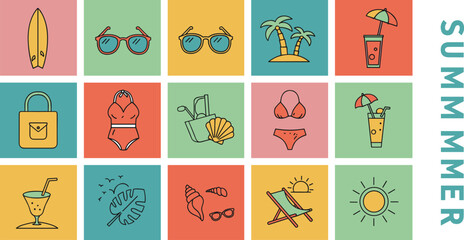 Fototapeta premium Summer backgrounds, pattern, cards, banner templates. Hand drawn modern illustrations, doodles with sea shells, surf boards, beach chair, 