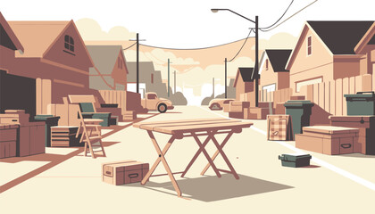 Suburban Street Scene: Moving Day Illustration