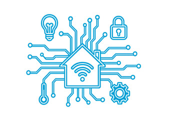 Smart Home Technology Line Art with Connectivity and Security Features