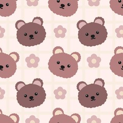 Cute seamless pattern with kawaii bear faces and pastel flowers on checkered background. Ideal for kids, baby products, nursery decor, and fabric prints.