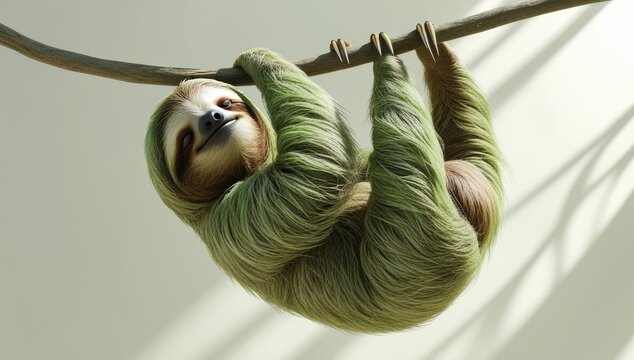 Charming sloth hanging upside down from a branch in a lush rainforest
