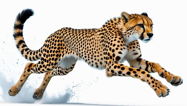 Majestic cheetah sprinting powerfully against a pristine white background