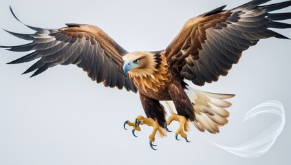 Obraz premium Majestic golden eagle soars with wings spread against a clear background above the sky