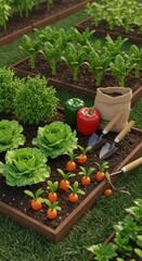 Vibrant Home Vegetable Garden with Fresh Produce, Tools, and Lush Greenery