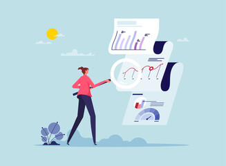 Data analysis chart and report, financial research or analyze information for marketing insight, analytics or optimization diagram, smart information, businessman analyze data with magnifying glass