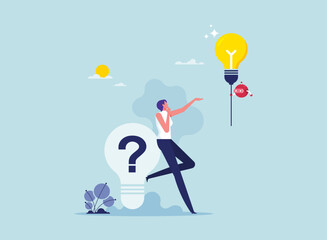Using artificial intelligence to generate ideas to help solve problems, AI support, creative brainstorming, woman have a question mark and a robot holding a light bulb
