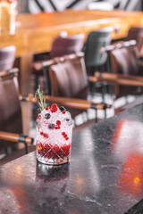 Fruit Cocktail with Ice and Rosemary Garnish in Clear Glass - Citrus and Berry Cocktail with Rosemary and Ice Cubes – Close-Up View