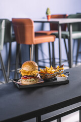 Juicy Big Hamburger with Crispy French Fries and Dipping Sauce - Juicy Big Hamburger with Crispy French Fries and Dipping Sauce