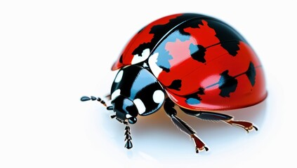 Close up studio shot of a bright red ladybug with black spots against a white background