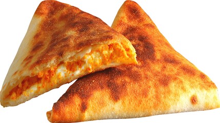 Delicious baked triangular savory pastry with a flavorful cheesy filling and isolated background.