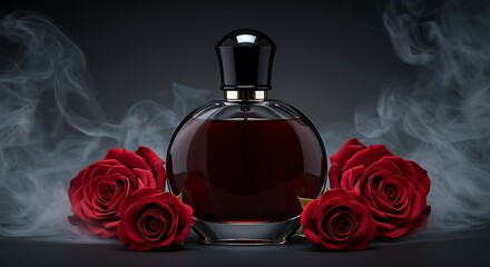 Dark Perfume Bottle with Red Roses and Smoke