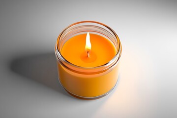 An orange candle in a glass jar with a bright flame against a plain background on a flat surface