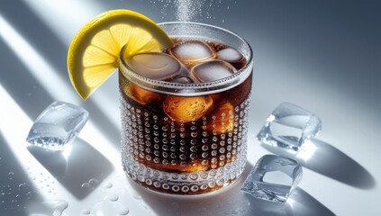 Refreshing Cuba Libre Cocktail with Ice Cubes and Lemon Slice in Glassware