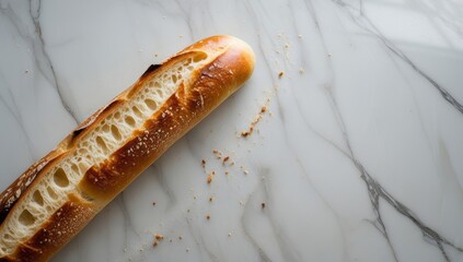 Freshly baked baguette on a marble surface with a minimalistic backdrop