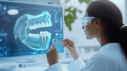 Young dentist interacting a digital interface to design a dental implant