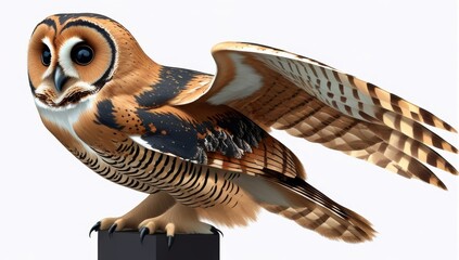 Majestic Owl with Open Wings Perched on a Dark Pedestal in Isolated Setting