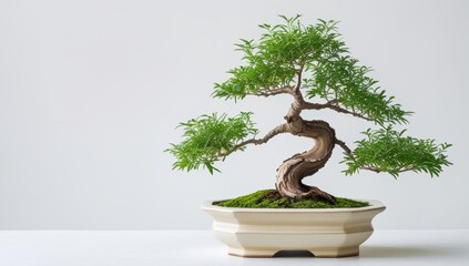 Elegant bonsai tree with lush green foliage in a white ceramic pot on a white background