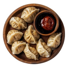 Veg steam momo. Nepalese Traditional dish Momo stuffed with vegetables and the cooked and served with sauce over a rustic wooden background, selective focus, Image for the restaurant menu?