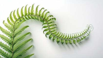 Delicate unfurling fern frond on a white surface a symbol of spring and growth