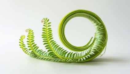 Elegant unfolding fern frond against a serene backdrop of pure white