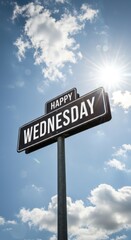Obraz premium Happy Wednesday Street Sign Under a Sunny Sky with Fluffy Clouds A Positive and Uplifting Day