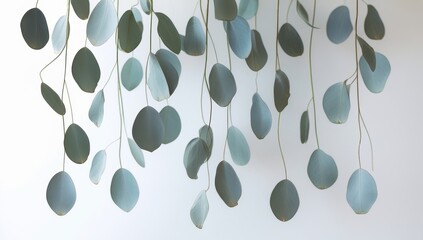 Eucalyptus branches hanging against white background showing organic arrangement