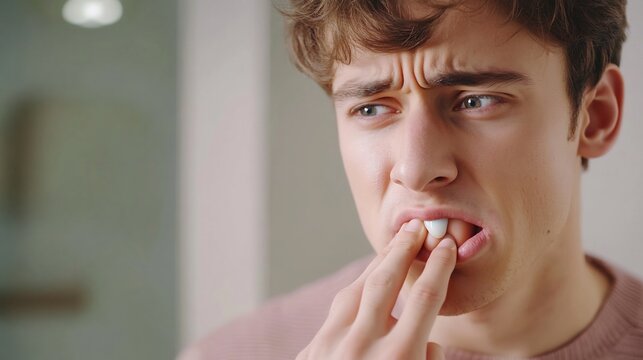 Young man experiencing gum pain touching his gum gently looking concerned