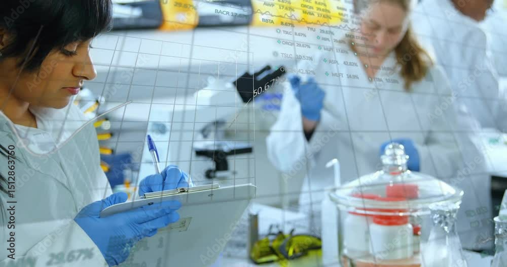 Aufkleber camera shifting focus on note-taking scientist in lab recording results with floating data charts