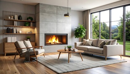 Fototapeta premium Modern living room with fireplace and patio view (2)