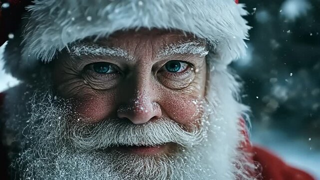 Captivating Portrait of Santa Claus in Falling Snow with Intense Blue Eyes