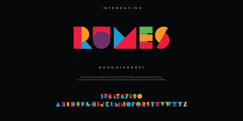 RUMES abstract digital alphabet font. Minimal technology typography, Creative urban sport fashion futuristic font and with numbers. vector illustration