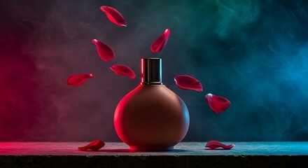 Perfume bottle with floating rose petals against a smoky, dual-t