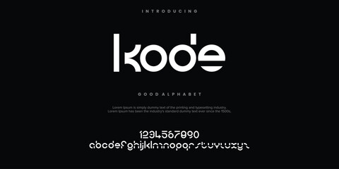 KODE futuristic minimalist display font design, alphabet, typeface, letters and numbers, typography.